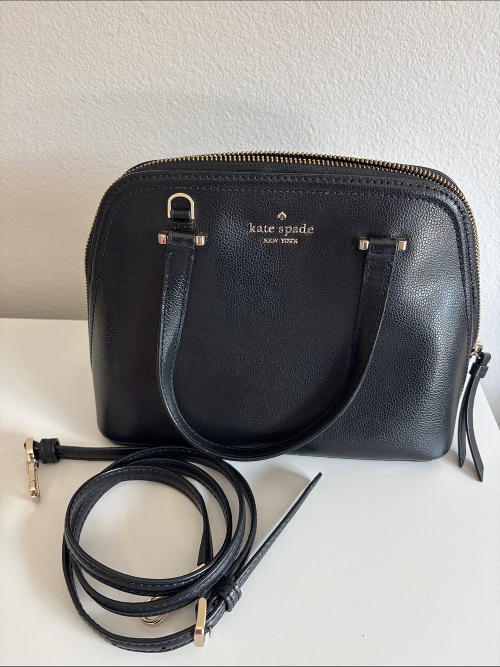 kate spade Black Pebbled Leather Dome Satchel with Gold Hardware